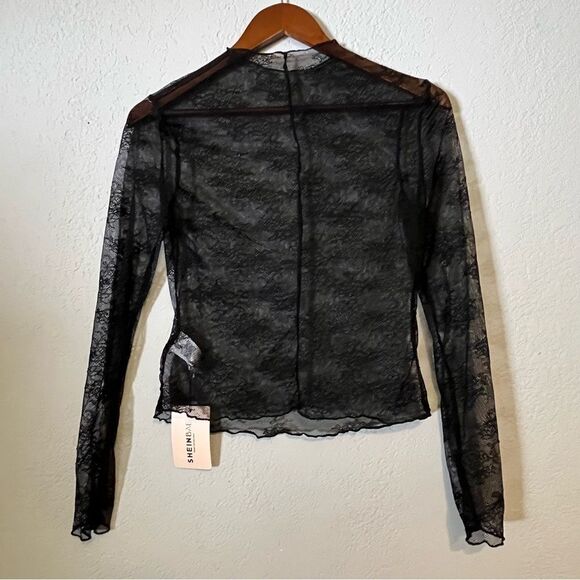Women's NWT Black Lace Semi Sheer Long Sleeve Top - Picture 8 of 8